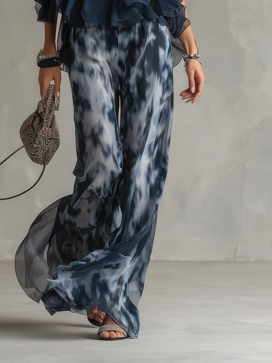 Fiorella | Completo con Top Halter in Chiffon e Pantaloni Stampati a Gamba Larga