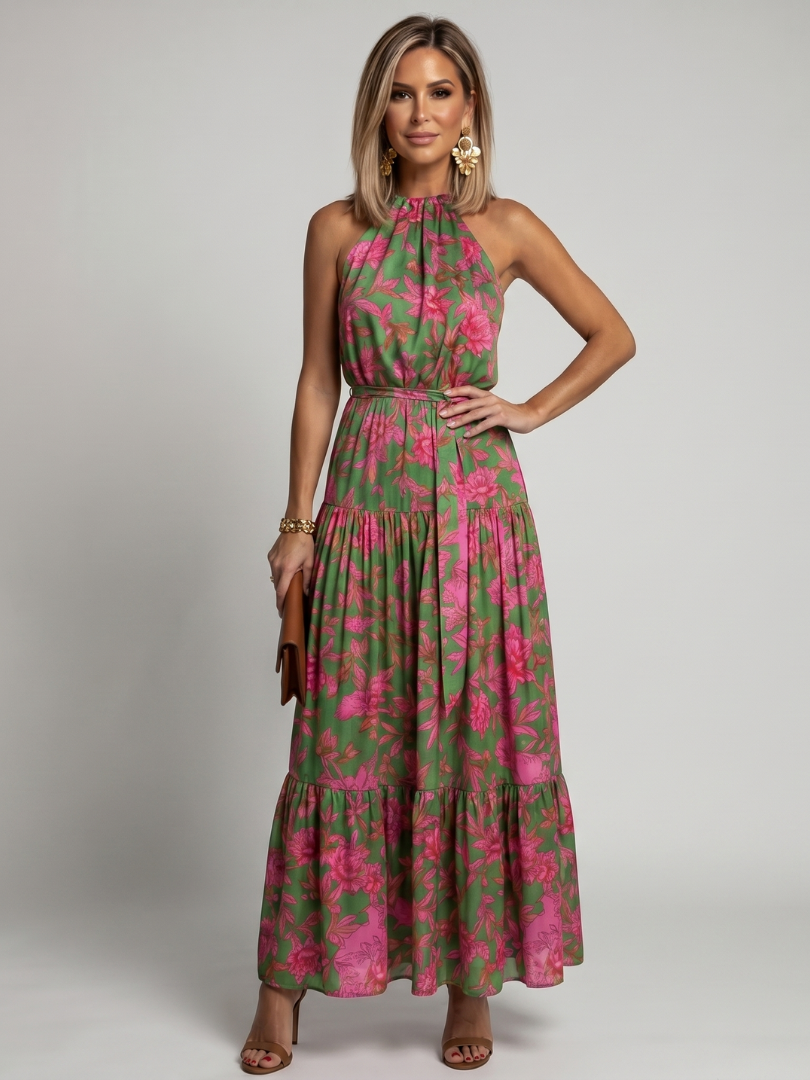 Caterina | Abito Midi Drappeggiato Rosa con Collo Halter