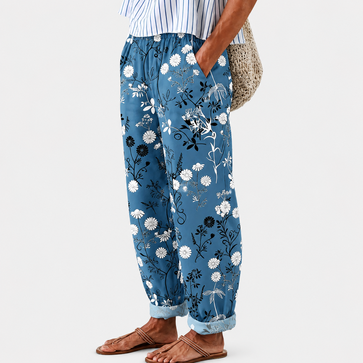 Lorella | Pantaloni Relax Fiori Azzurri