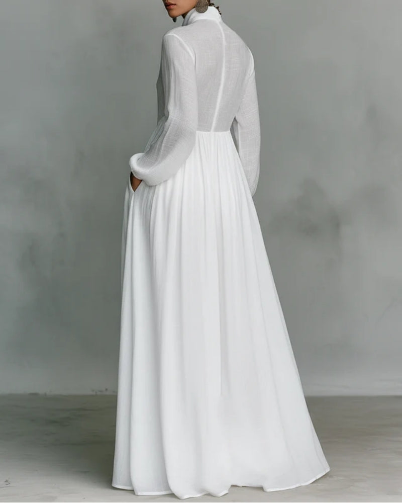 Nicole | Abito Maxi Minimalista Patchwork con Collo Alto e Maniche Lunghe