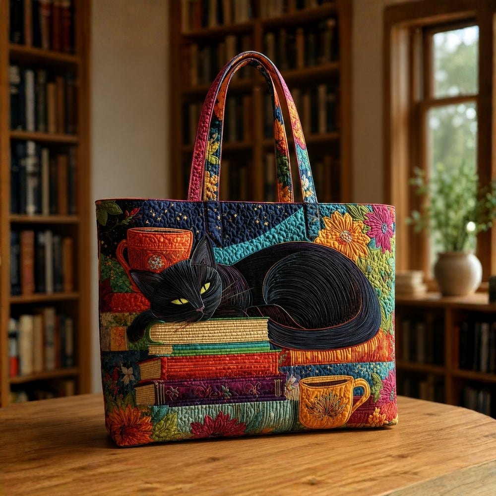 Lucia | Borsa Artigianale Gatto Nero con Libri e Tazze