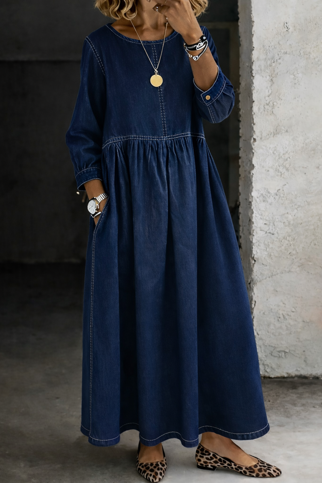Beatrice | Abito in Denim con Collo Tondo e Maniche Lunghe