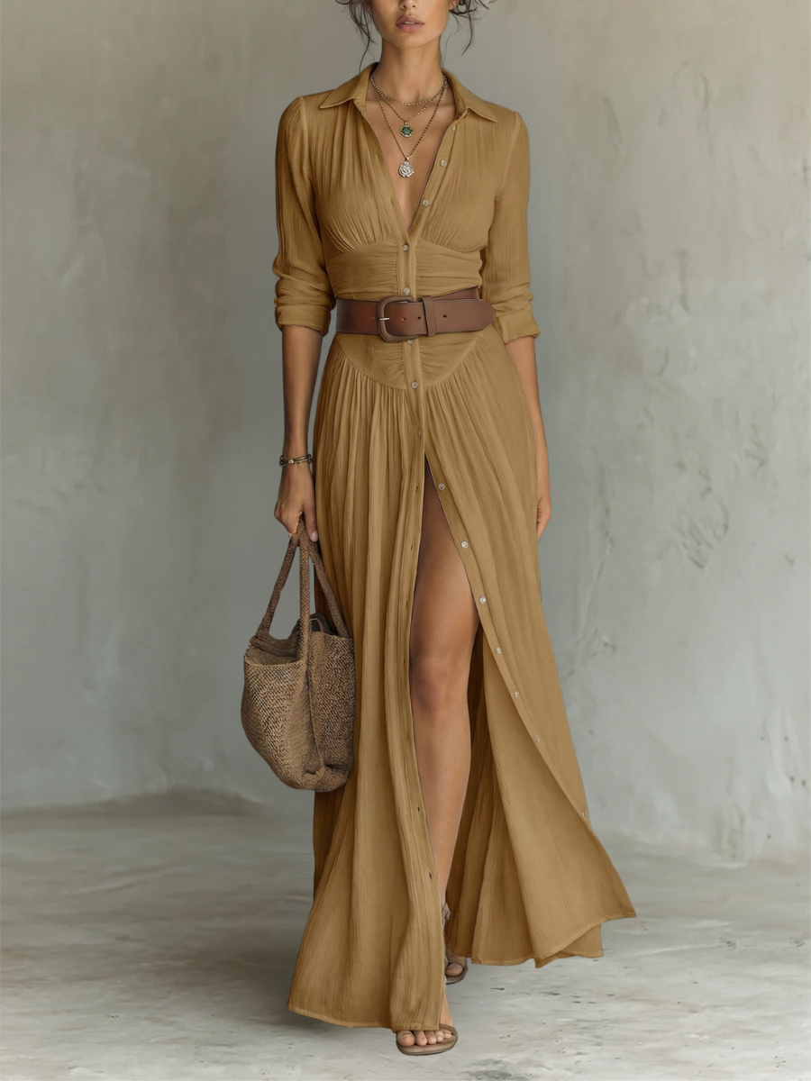 Rebecca | Abito Maxi con Colletto Revers e Maniche Lunghe