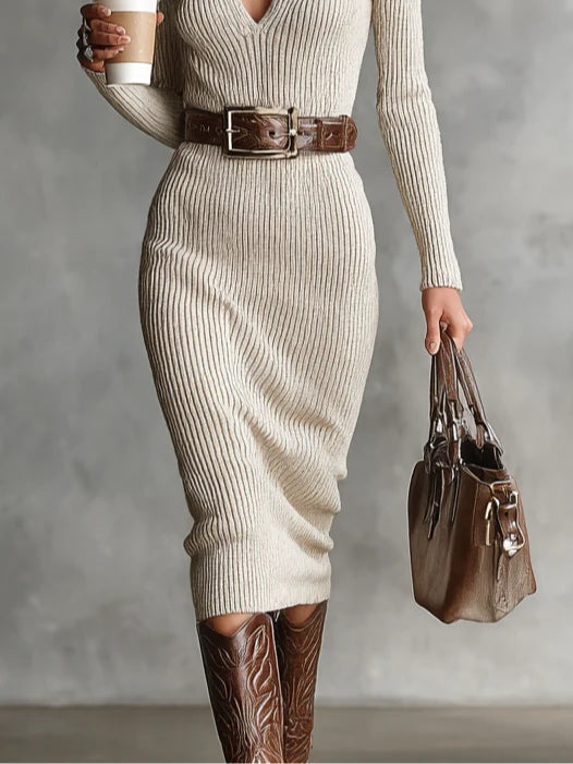 Veronica | Abito Midi in Maglia con Cintura e Collo Alto