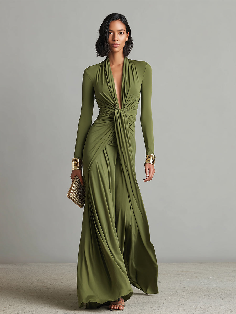 Michela | Abito Maxi Glamour con Scollo Profondo e Dettagli con Volant