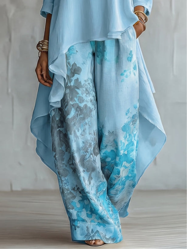 Rosalia | Completo con Top Asimmetrico in Chiffon e Pantaloni Floreali a Gamba Larga