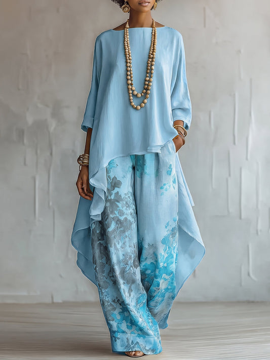 Rosalia | Completo con Top Asimmetrico in Chiffon e Pantaloni Floreali a Gamba Larga