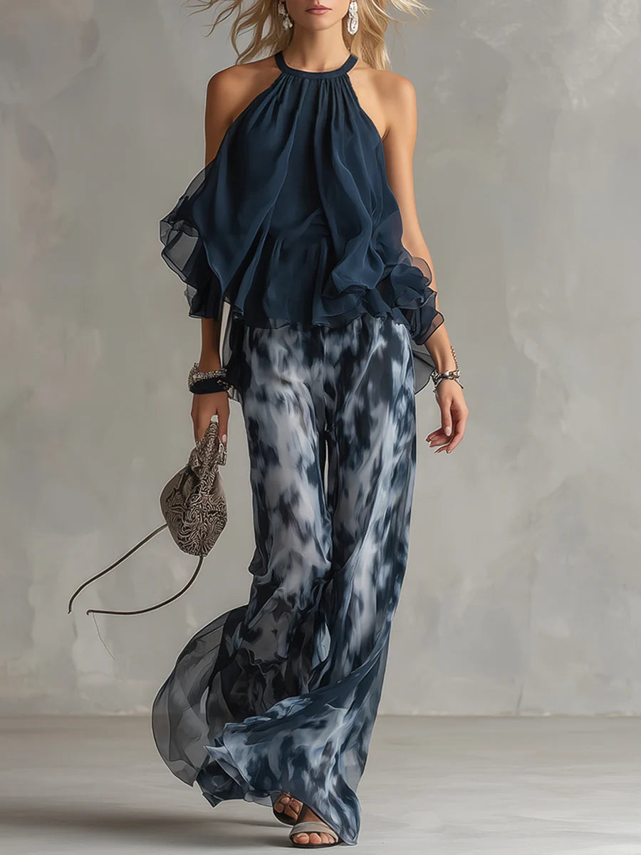 Fiorella | Completo con Top Halter in Chiffon e Pantaloni Stampati a Gamba Larga