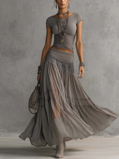 Daniela | Completo con Top Trasparente in Pizzo e Gonna Maxi Plissettata