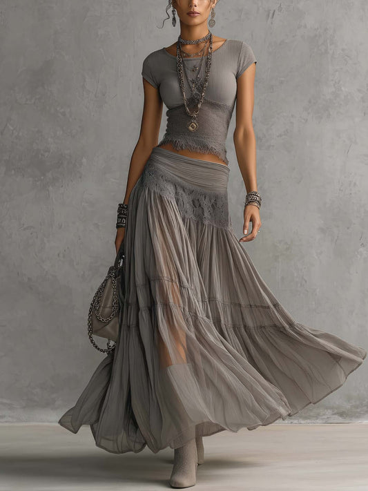 Daniela | Completo con Top Trasparente in Pizzo e Gonna Maxi Plissettata