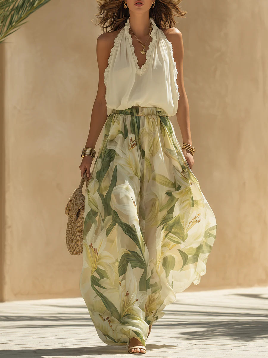 Melissa | Completo da Vacanza con Top Volant in Chiffon e Pantaloni con Stampa Gigli