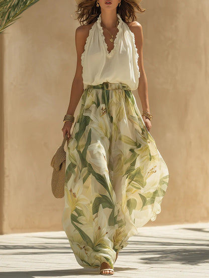 Melissa | Completo da Vacanza con Top Volant in Chiffon e Pantaloni con Stampa Gigli
