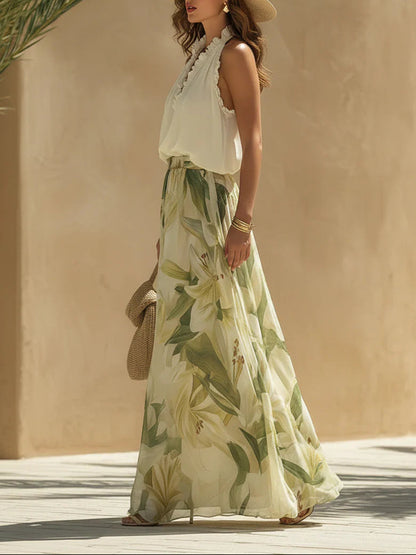 Melissa | Completo da Vacanza con Top Volant in Chiffon e Pantaloni con Stampa Gigli