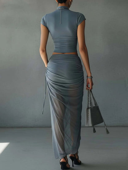 Querida | Completo con Top Corto e Gonna Drappeggiata in Mesh Trasparente