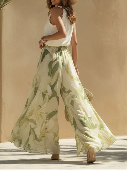 Azzurra | Completo con Top Volant in Chiffon e Pantaloni con Stampa Gigli