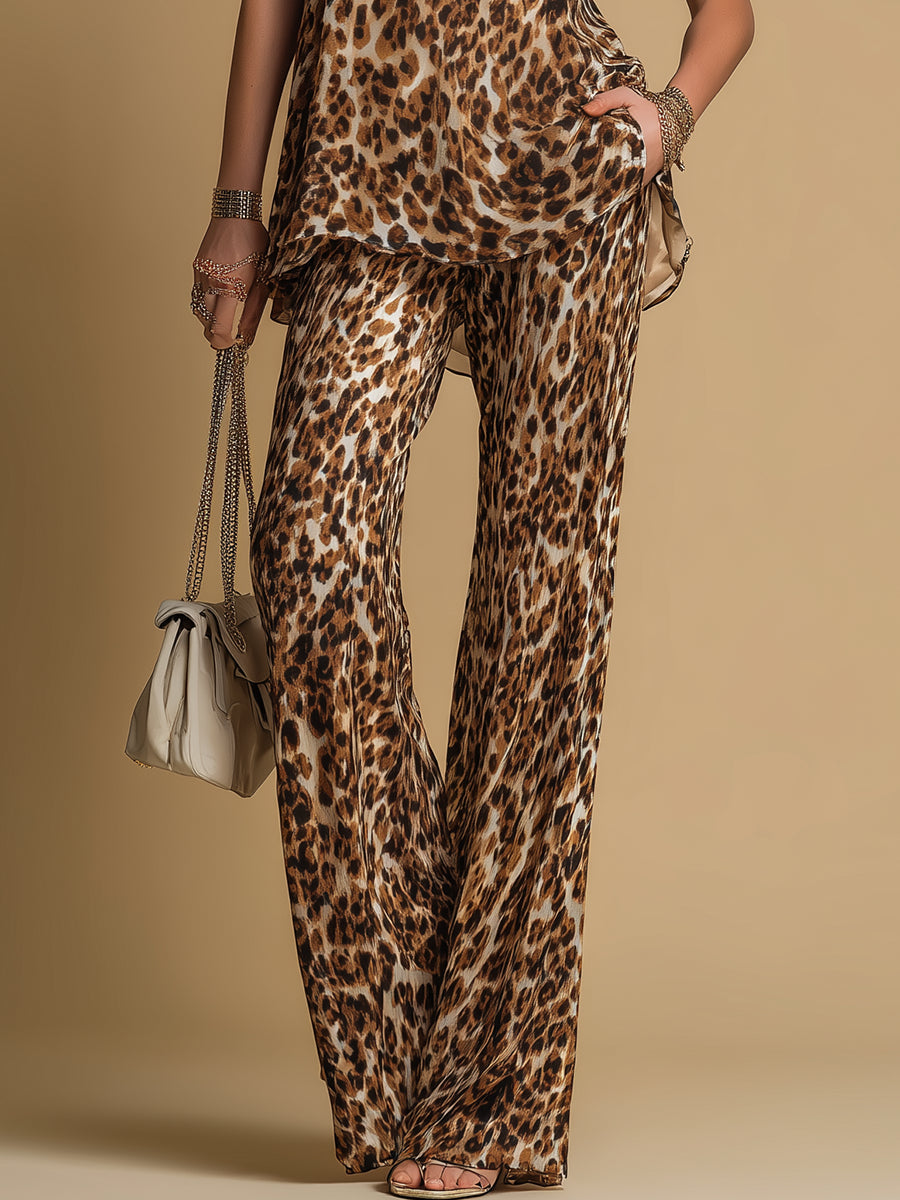 Gabriella | Completo con Top Leopardato Senza Maniche e Pantaloni Svasati
