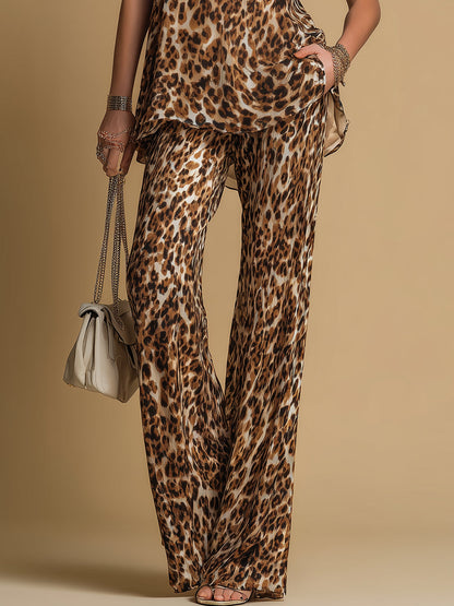 Gabriella | Completo con Top Leopardato Senza Maniche e Pantaloni Svasati