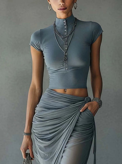 Querida | Completo con Top Corto e Gonna Drappeggiata in Mesh Trasparente