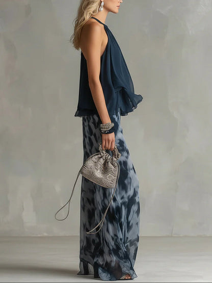 Fiorella | Completo con Top Halter in Chiffon e Pantaloni Stampati a Gamba Larga