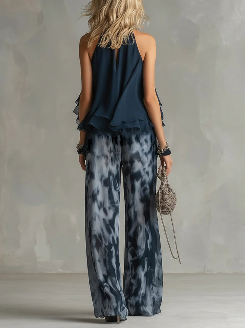 Fiorella | Completo con Top Halter in Chiffon e Pantaloni Stampati a Gamba Larga