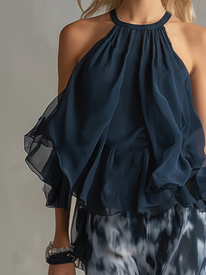 Fiorella | Completo con Top Halter in Chiffon e Pantaloni Stampati a Gamba Larga