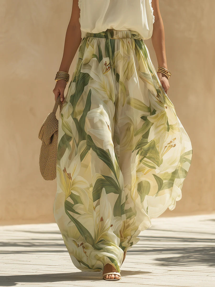 Melissa | Completo da Vacanza con Top Volant in Chiffon e Pantaloni con Stampa Gigli