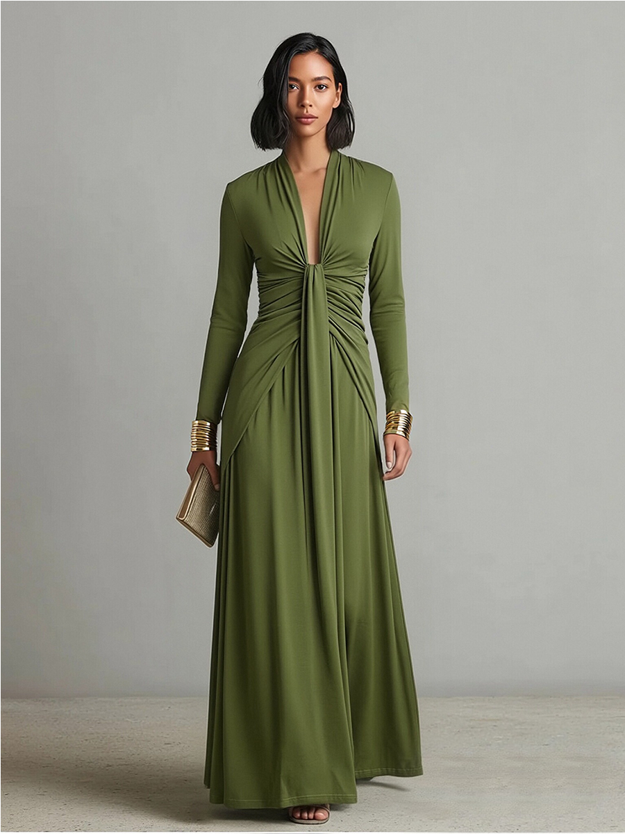 Michela | Abito Maxi Glamour con Scollo Profondo e Dettagli con Volant