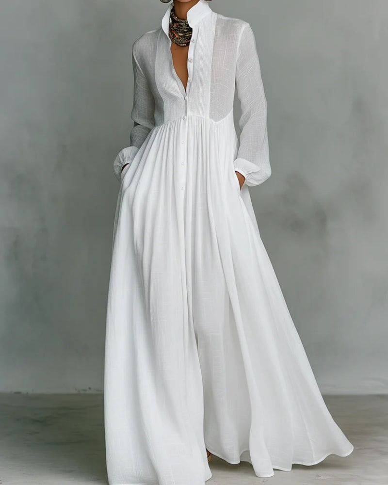 Nicole | Abito Maxi Minimalista Patchwork con Collo Alto e Maniche Lunghe