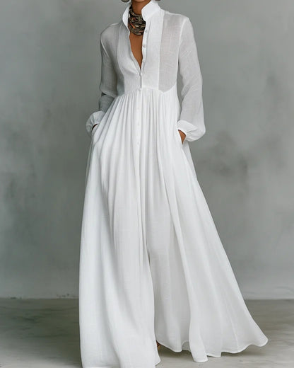 Nicole | Abito Maxi Minimalista Patchwork con Collo Alto e Maniche Lunghe