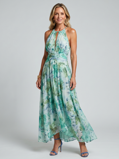 Daniela | Abito Midi in Crêpe Plissettato con Collo Halter e Stampa Floreale