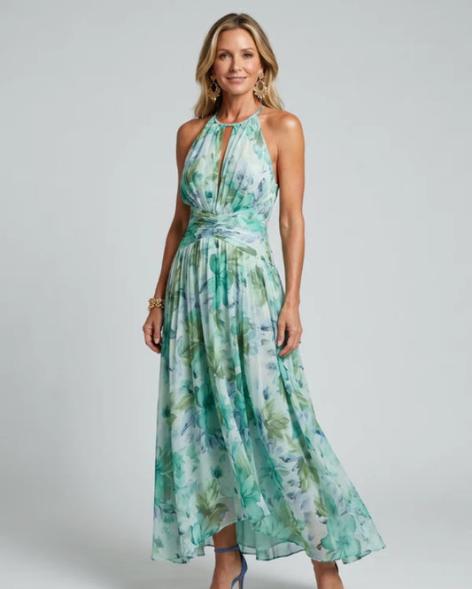 Daniela | Abito Midi in Crêpe Plissettato con Collo Halter e Stampa Floreale