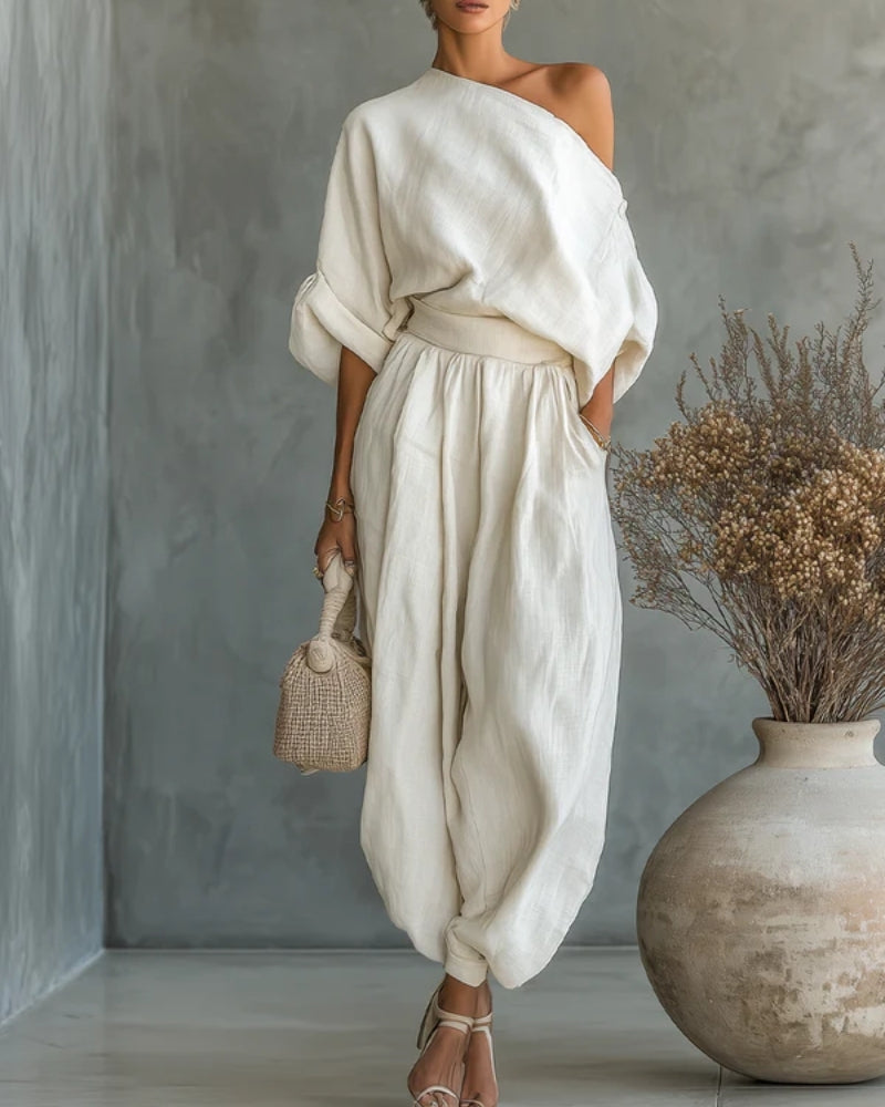 Sara | Completo Elegante con Top Bardot e Pantaloni Affusolati