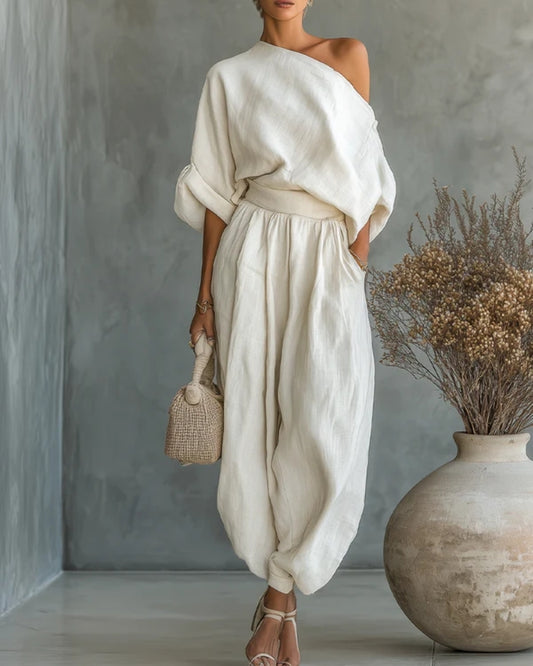 Sara | Completo Elegante con Top Bardot e Pantaloni Affusolati