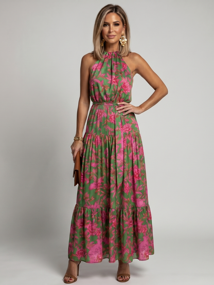 Caterina | Abito Midi Drappeggiato Rosa con Collo Halter