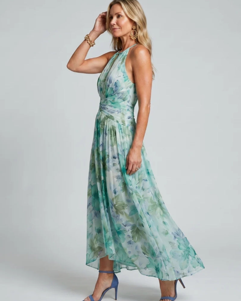 Daniela | Abito Midi in Crêpe Plissettato con Collo Halter e Stampa Floreale