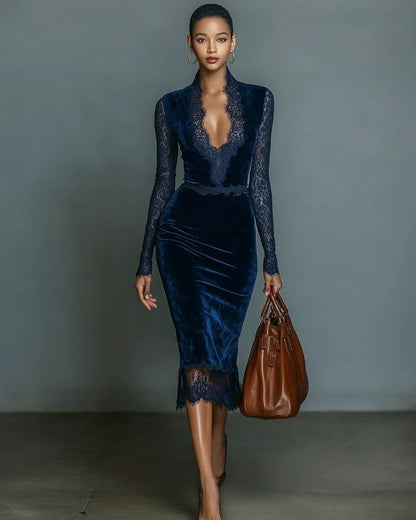 Valentina | Elegante Abito Midi Slim Fit con Scollo a V e Dettagli in Pizzo
