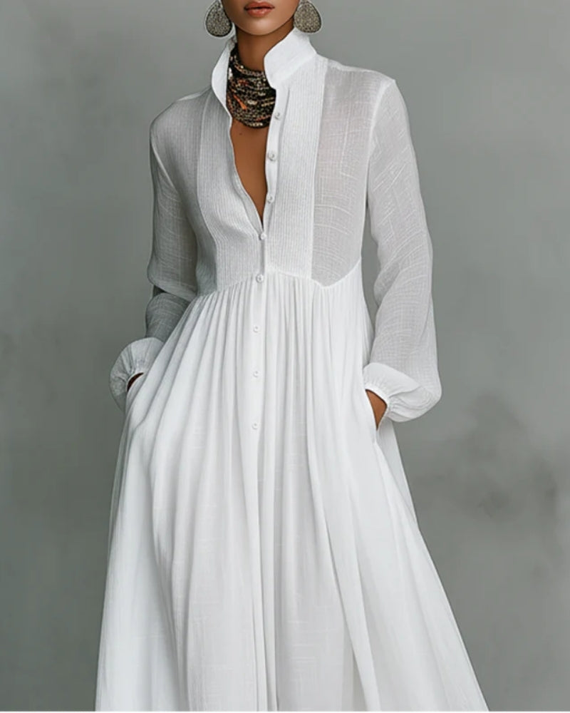 Nicole | Abito Maxi Minimalista Patchwork con Collo Alto e Maniche Lunghe