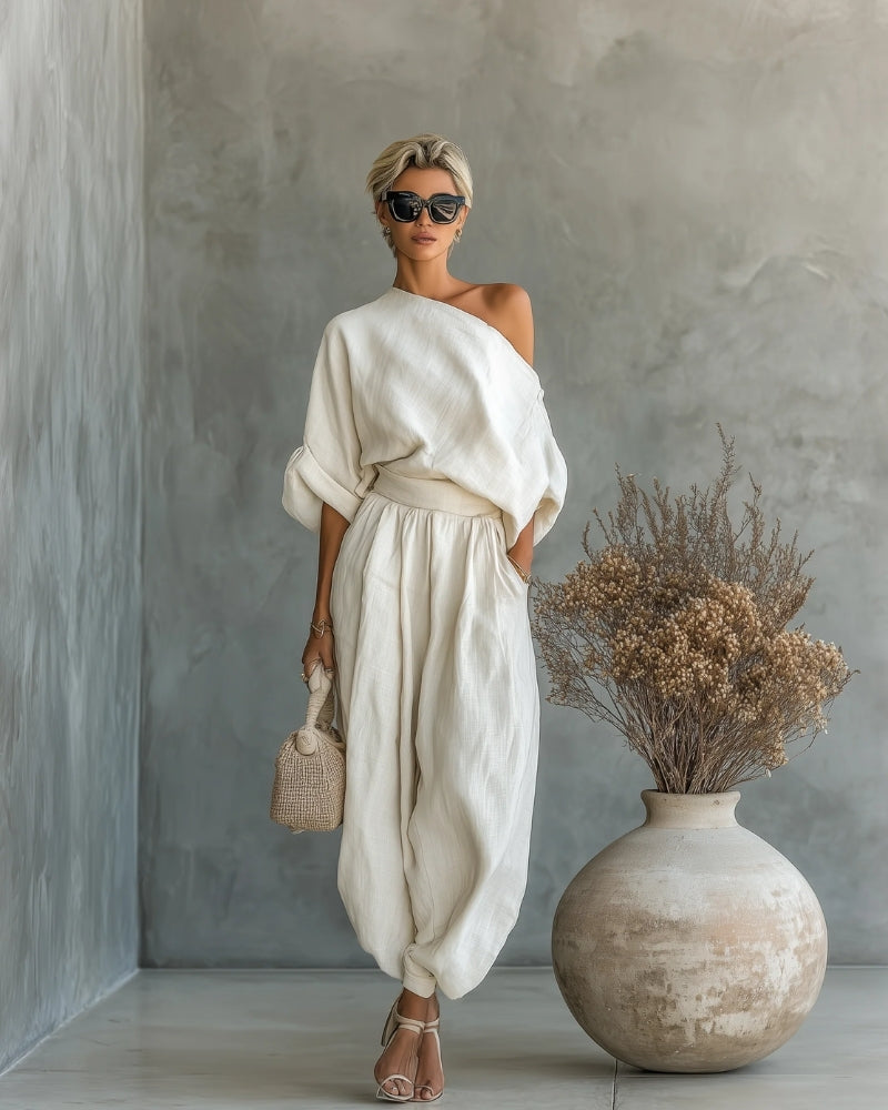 Sara | Completo Elegante con Top Bardot e Pantaloni Affusolati