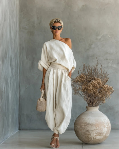Sara | Completo Elegante con Top Bardot e Pantaloni Affusolati