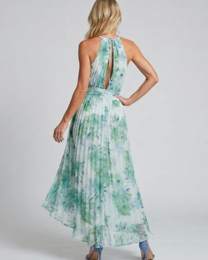 Daniela | Abito Midi in Crêpe Plissettato con Collo Halter e Stampa Floreale