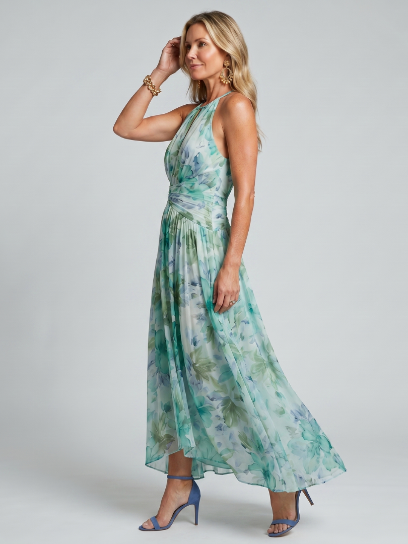 Daniela | Abito Midi in Crêpe Plissettato con Collo Halter e Stampa Floreale