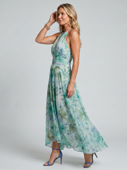 Daniela | Abito Midi in Crêpe Plissettato con Collo Halter e Stampa Floreale