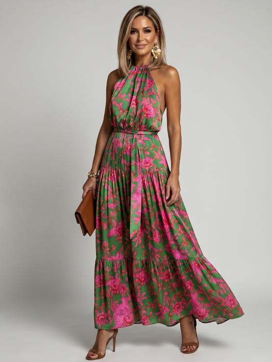 Caterina | Abito Midi Drappeggiato Rosa con Collo Halter