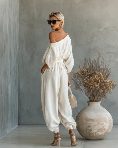 Sara | Completo Elegante con Top Bardot e Pantaloni Affusolati