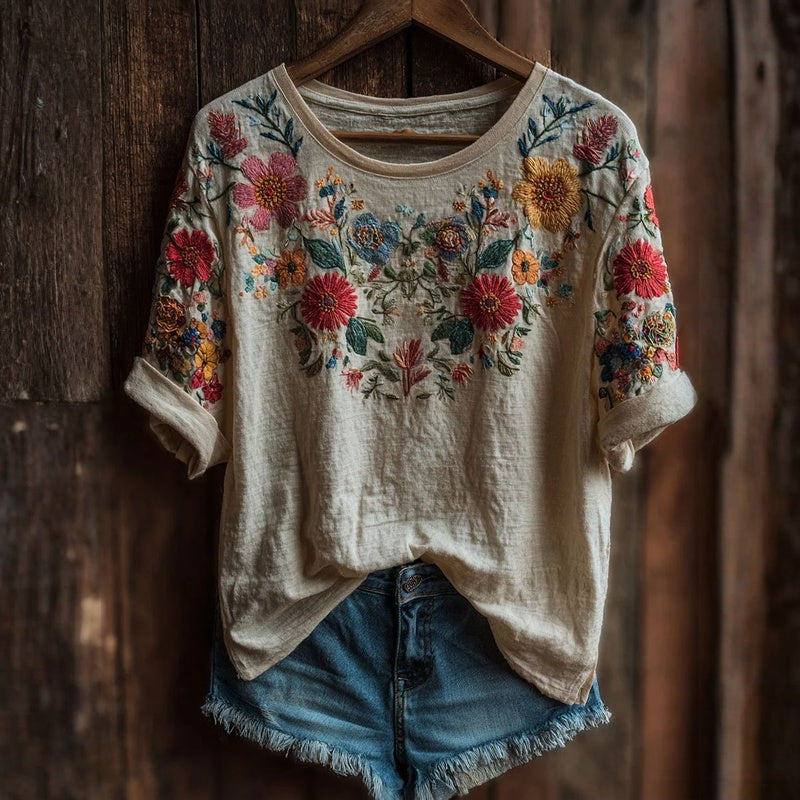 Celeste | T-Shirt Vintage con Stampa Floreale