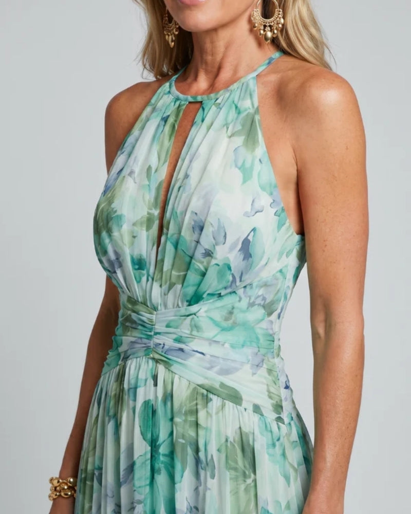 Daniela | Abito Midi in Crêpe Plissettato con Collo Halter e Stampa Floreale