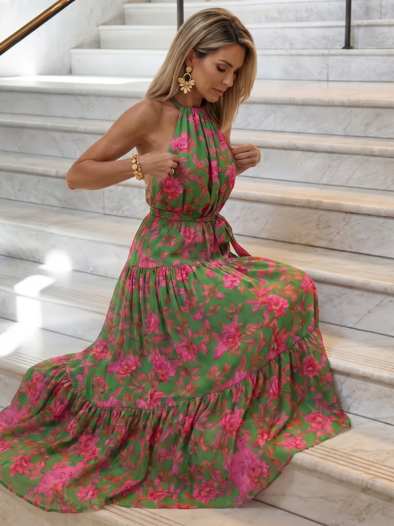 Caterina | Abito Midi Drappeggiato Rosa con Collo Halter