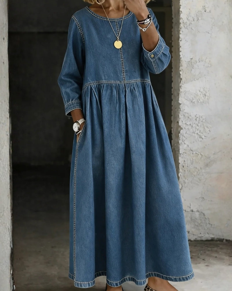 Beatrice | Abito in Denim con Collo Tondo e Maniche Lunghe