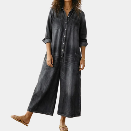 Rebecca | Salopette Vintage in Denim Lavato con Bottoni