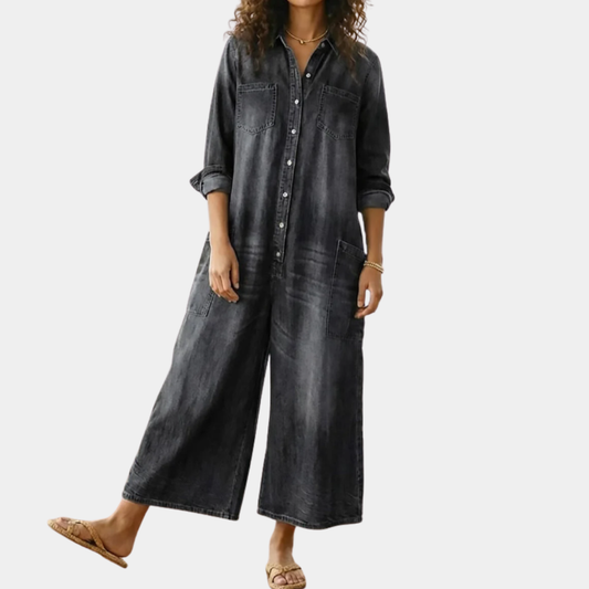 Rebecca | Salopette Vintage in Denim Lavato con Bottoni